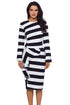Sexy Black Striped Ruffle Side Back Slit Long Sleeve Midi Dress